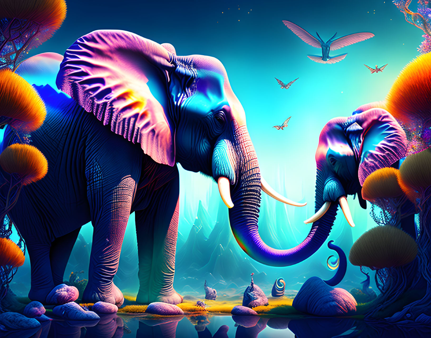 Vibrant surreal landscape with elephants, glowing mushrooms, plants, and butterflies