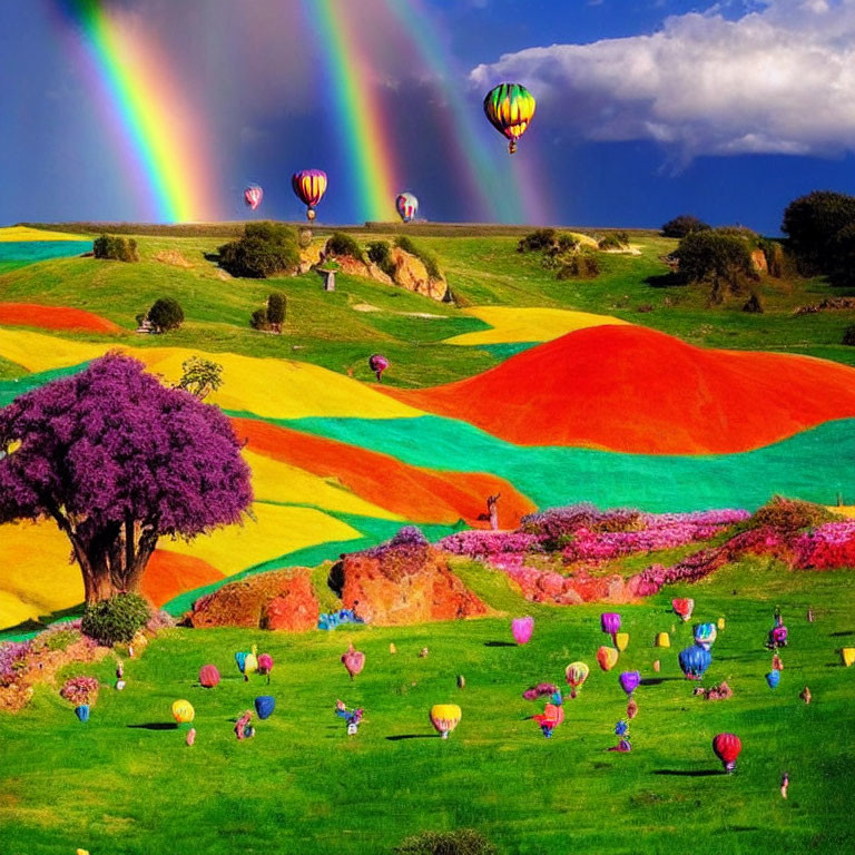 Colorful landscape with flowers, hot air balloons, and double rainbow
