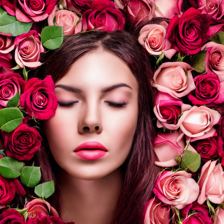 Woman's Face Surrounded by Pink and Red Rose Floral Frame