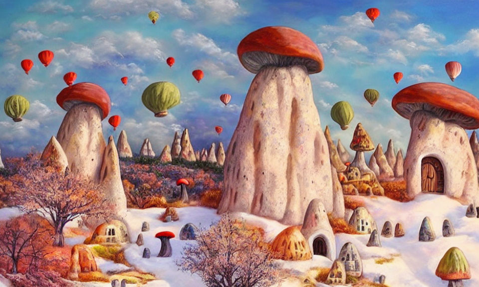 Colorful surreal landscape with mushroom structures and whimsical houses