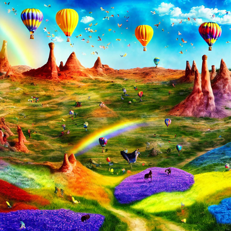 Vibrant landscape with hot air balloons, rainbows, colorful flowers, animals, and people in