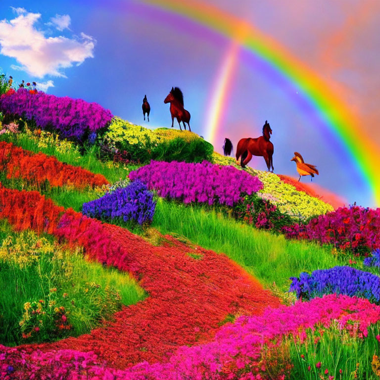 Colorful flowers and horses under bright rainbow on vibrant hill