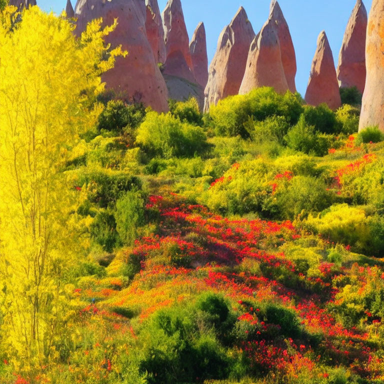 Colorful landscape with yellow trees, red flowers, and unique rock formations