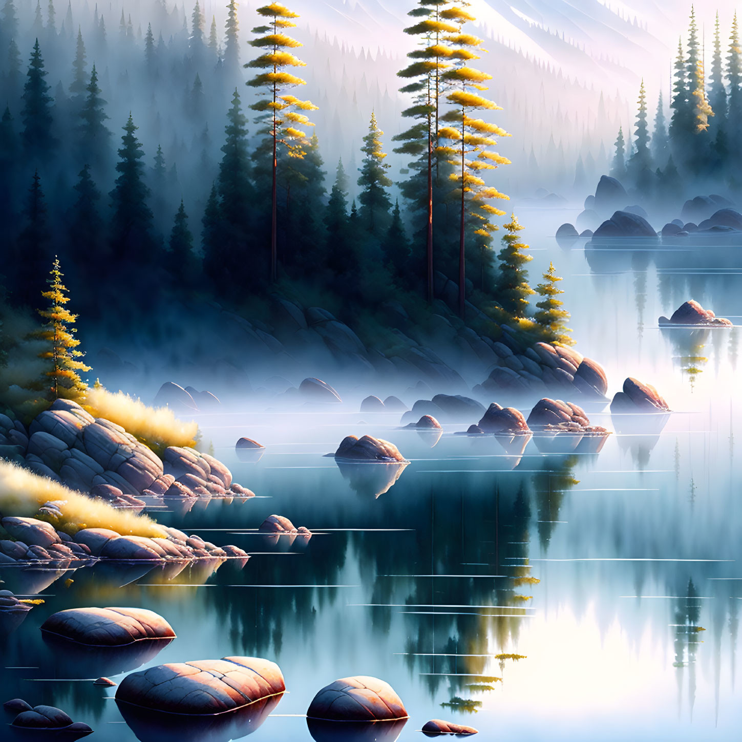 Serene lake at dawn/dusk with mist, forest, mountains, tall trees, and rocks reflected