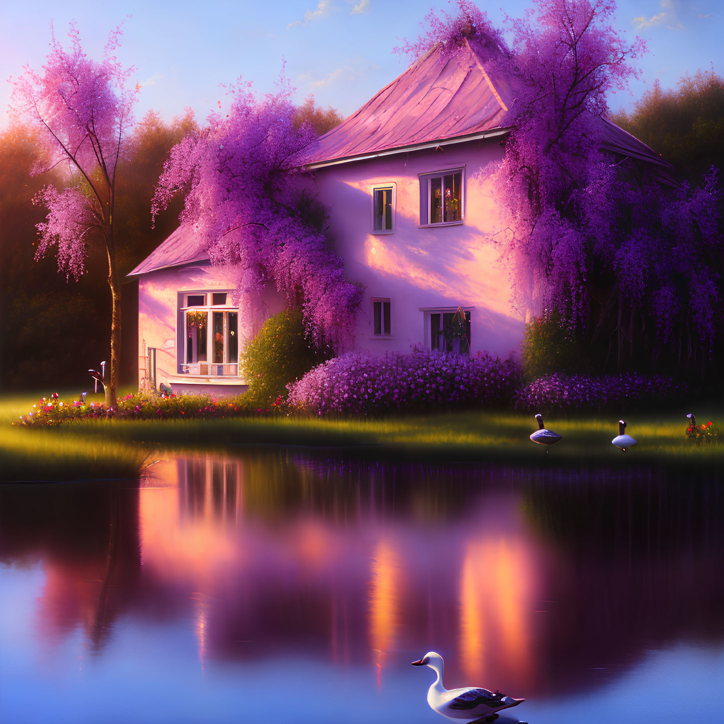 Tranquil two-story house with blooming wisteria and pond scene