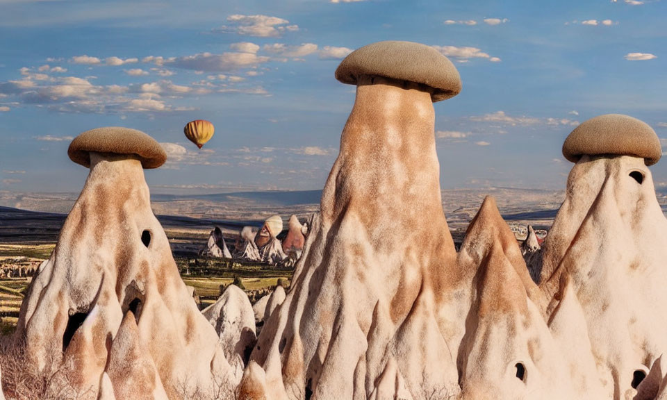 Unique rock formations in Cappadocia with distant hot air balloon.
