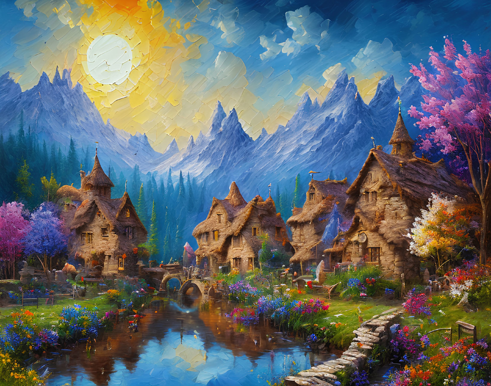Colorful Painting of Whimsical Village by River at Sunset
