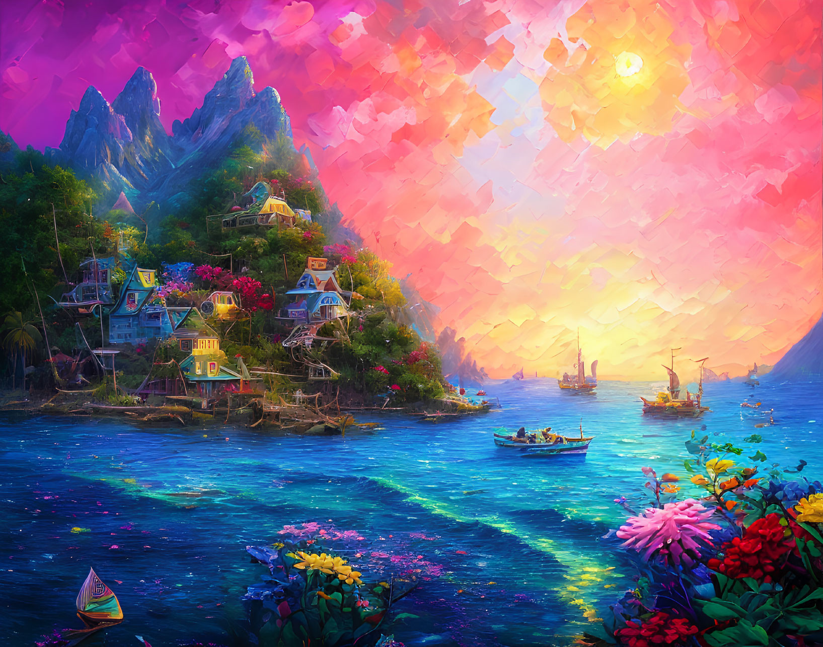 Colorful Seaside Village Landscape with Sunset Sky