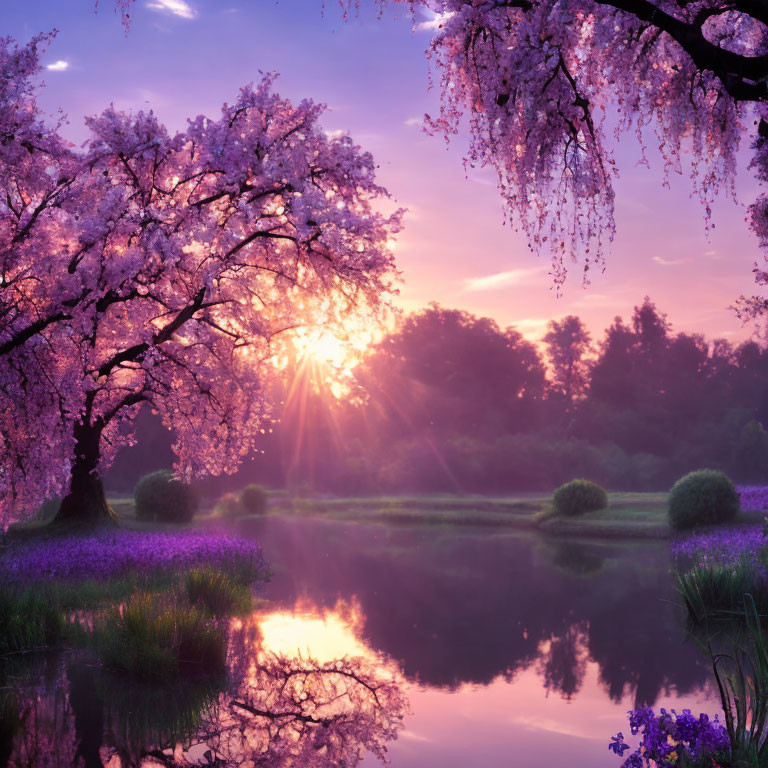 Tranquil lake at sunrise with cherry blossom trees and wildflowers