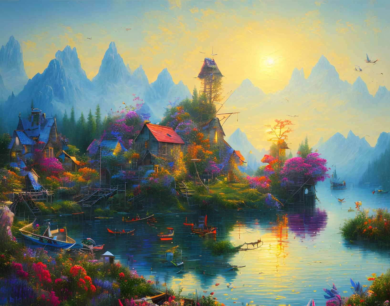 Scenic lakeside village at sunset with blooming trees and colorful boats