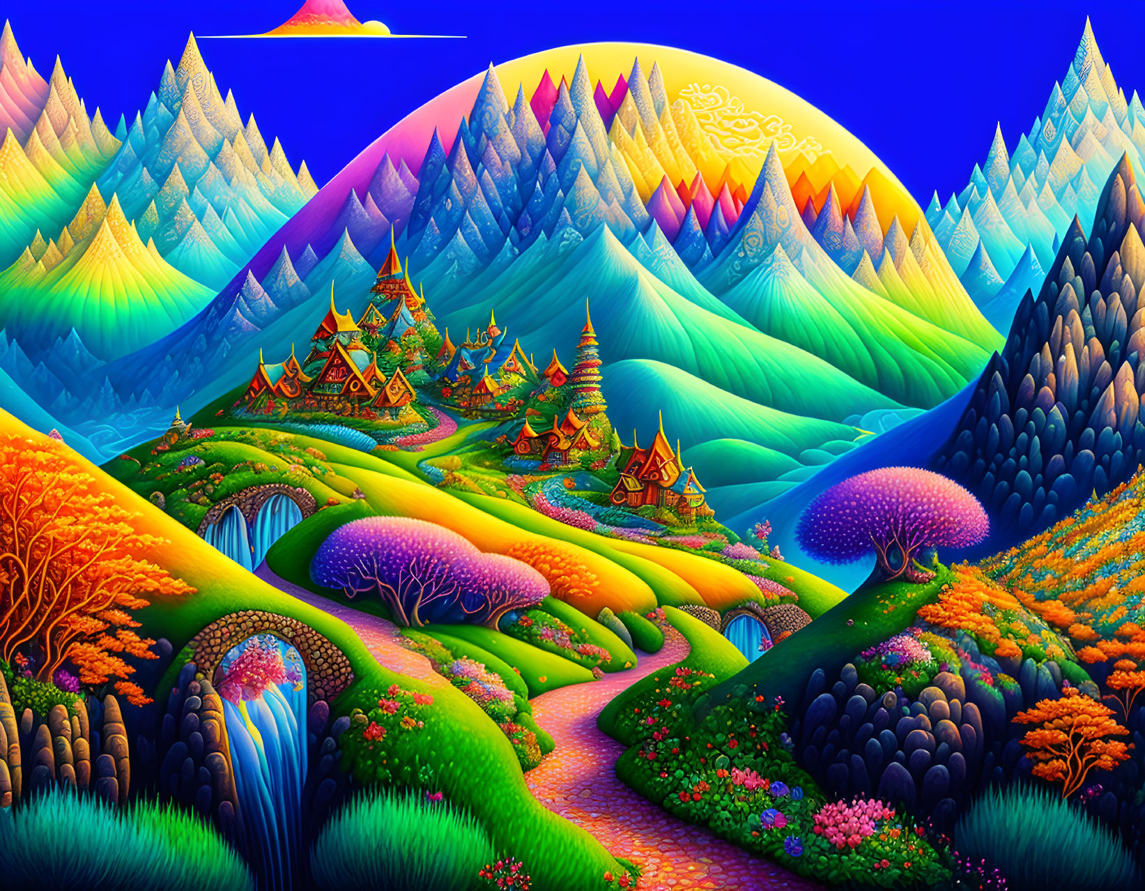 Colorful Stylized Landscape with Whimsical Elements