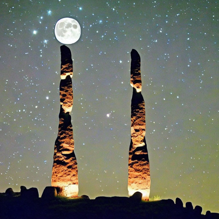 Ancient standing stones under starry sky with full moon