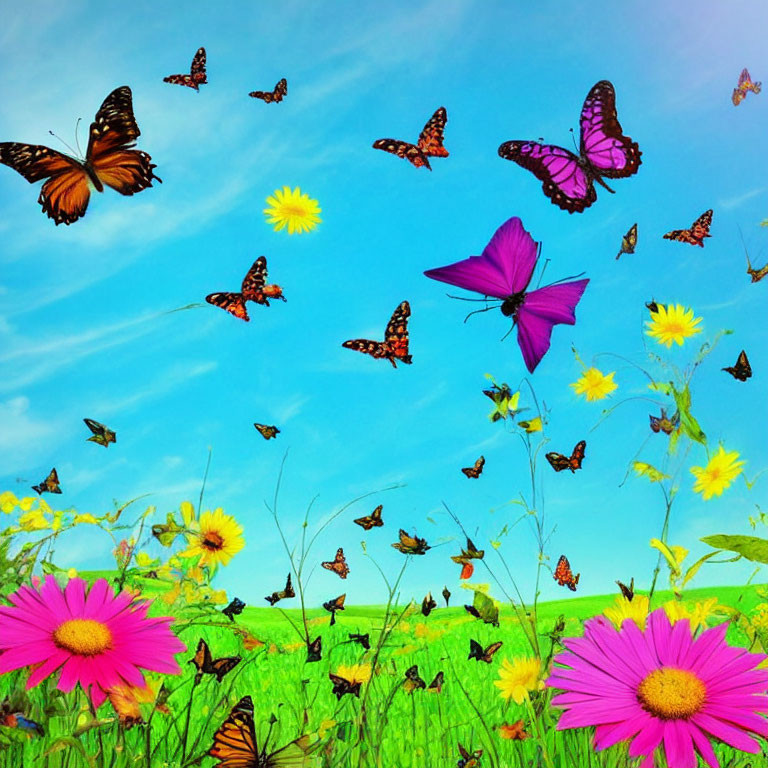 Colorful butterflies fluttering above pink and yellow flowers in a vibrant meadow