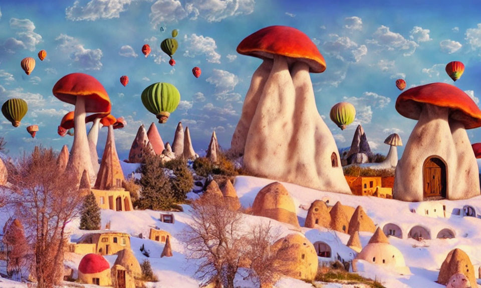 Whimsical landscape with mushroom houses and hot air balloons in blue sky