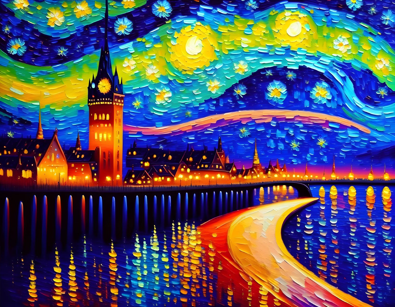 Vibrant Van Gogh-inspired painting: Starry night over European town.