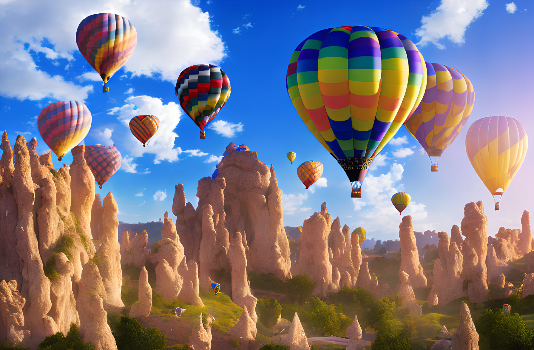 Vibrant hot air balloons soar above rocky spires in blue sky