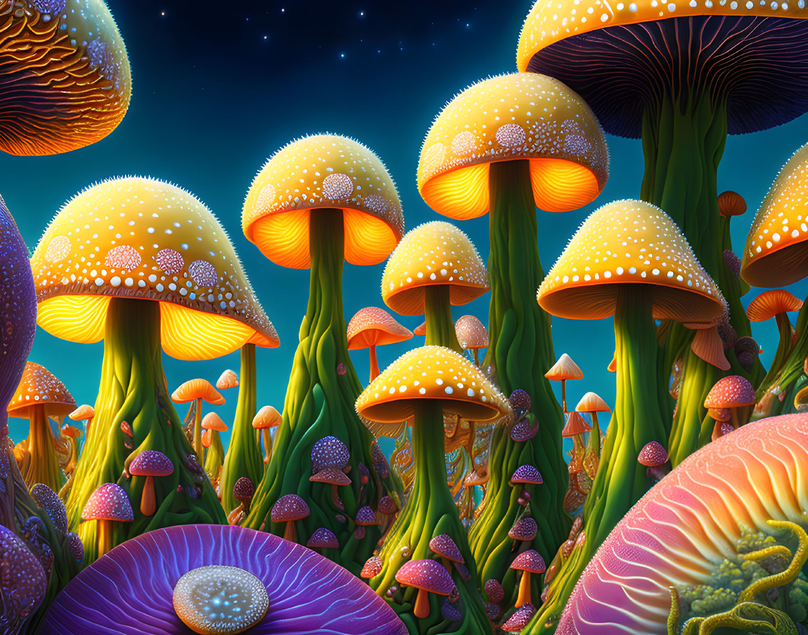 Fantasy illustration: Oversized luminescent mushrooms under starry sky