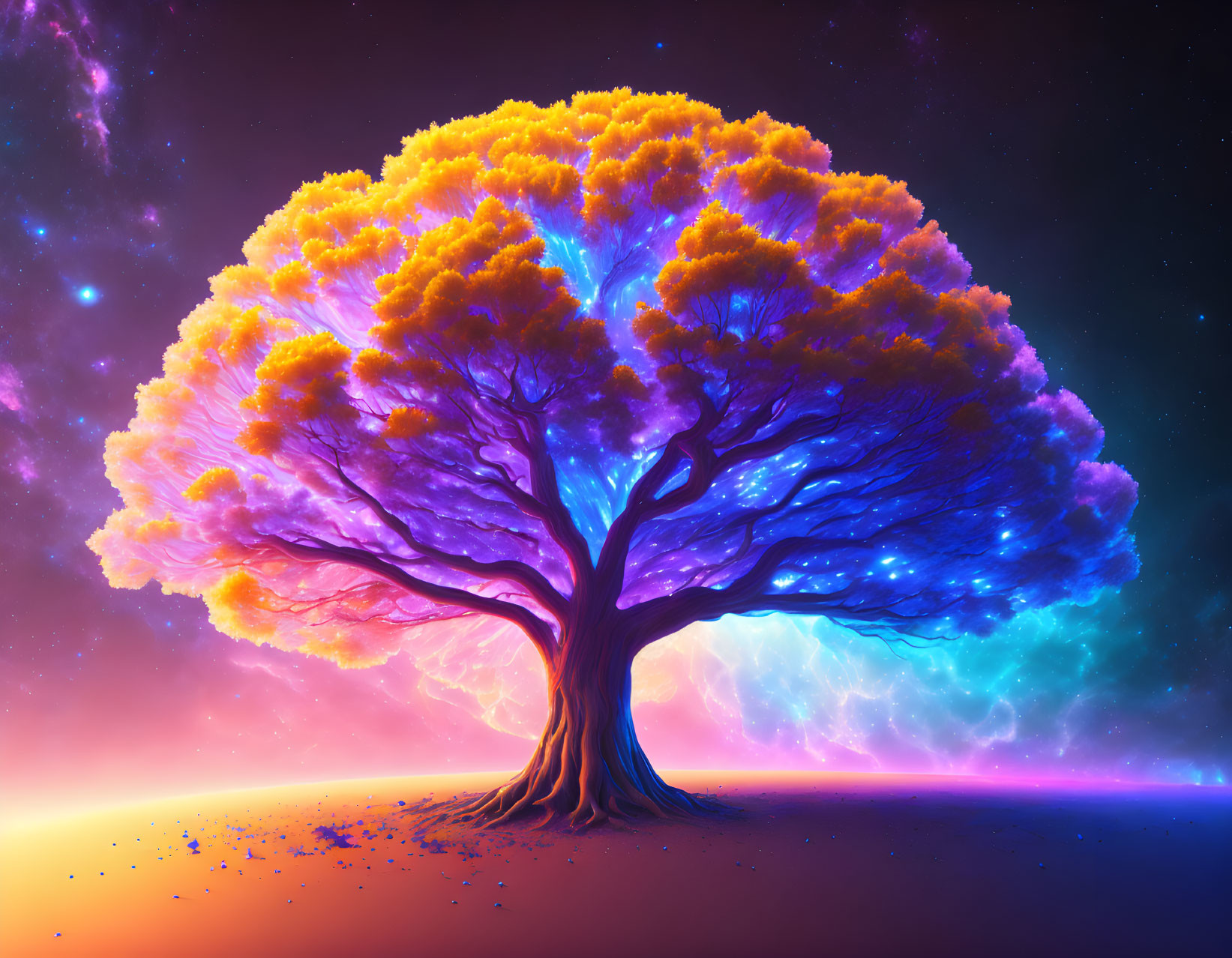 Colorful Tree Illustration with Rainbow Night Sky and Contrasting Warm Orange Leaves & Cool Blue Trunk