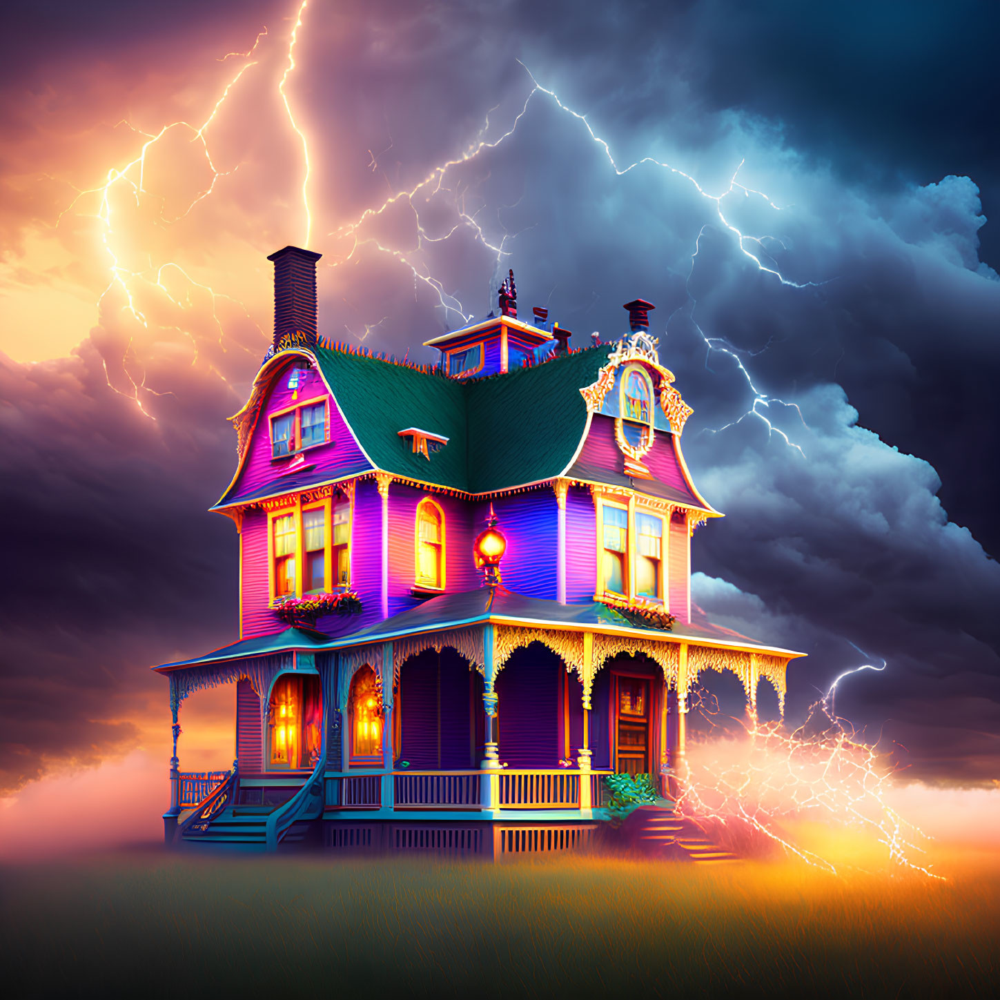 Victorian-style house illuminated in vibrant neon colors under stormy sky with lightning