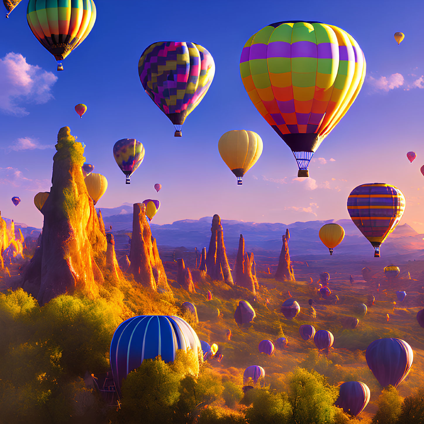 Vibrant hot air balloons over rocky landscape and blue sky