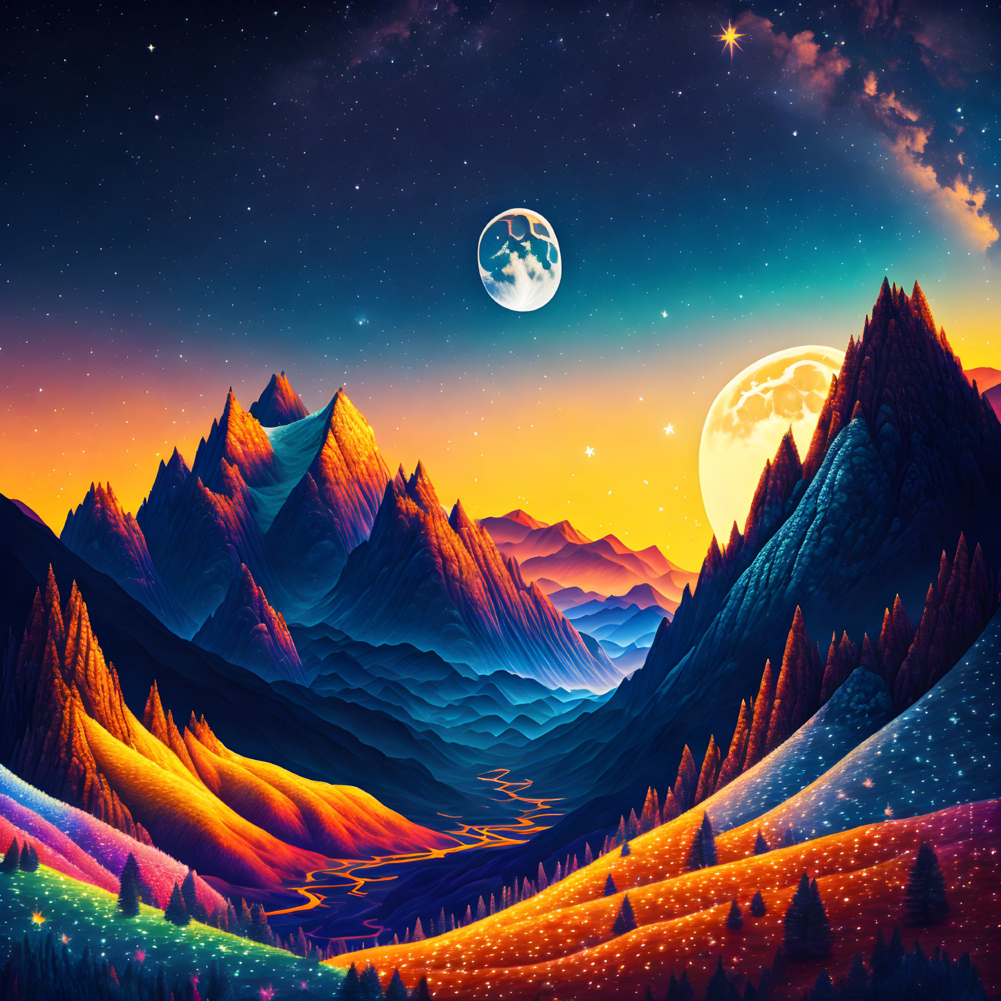 Colorful Dual Moon Landscape with Mountains, River, and Starry Sky
