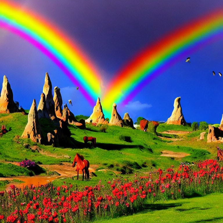 Colorful rainbow over scenic landscape with grazing horses, red flowers, rock formations, and birds in blue
