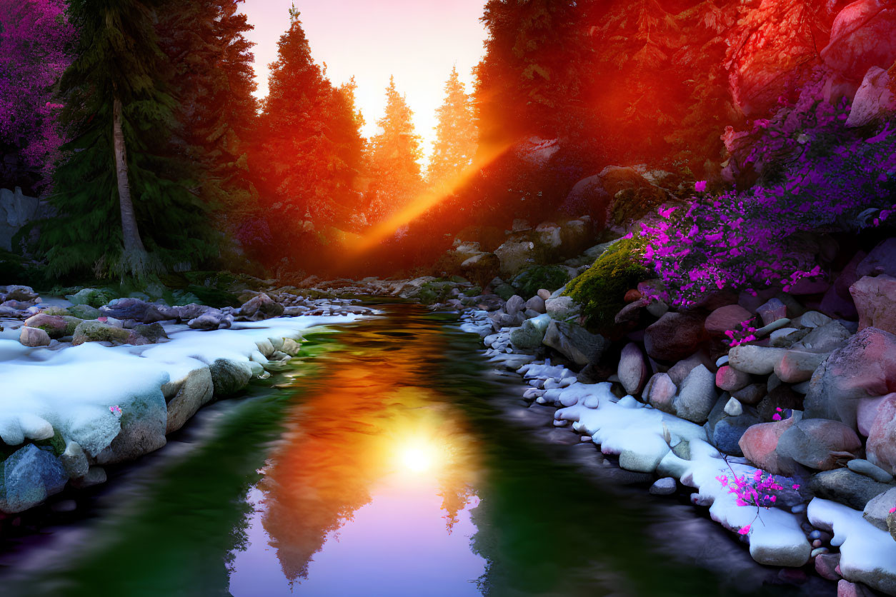 Serene river sunrise with pink trees and snow patches