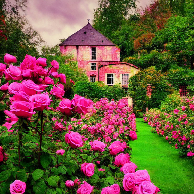 Blooming pink roses in lush garden by old pink house under cloudy sky