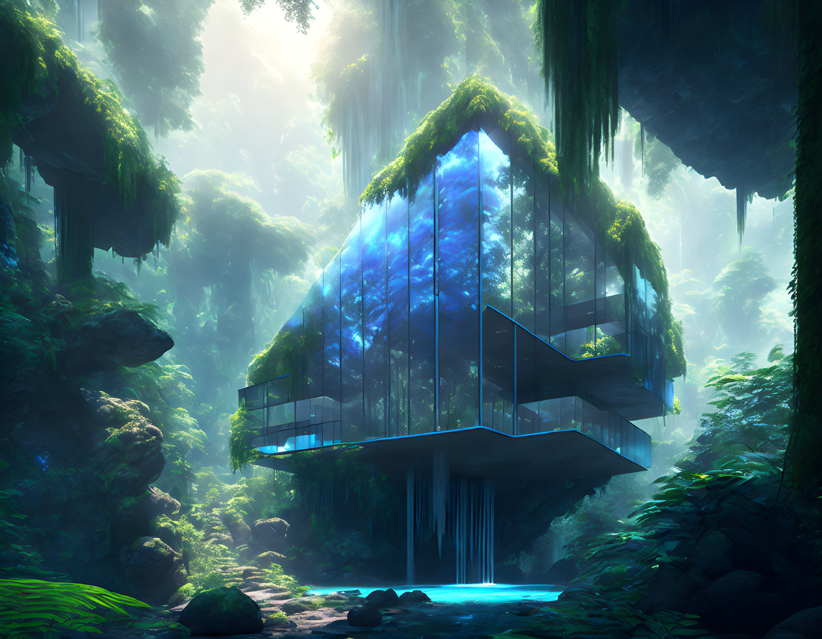 Futuristic glass house in lush forest with waterfalls and blue pond