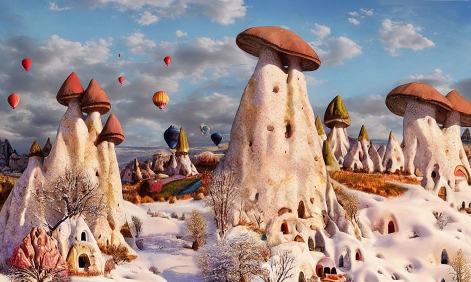 Whimsical mushroom houses in snowy landscape with hot air balloons