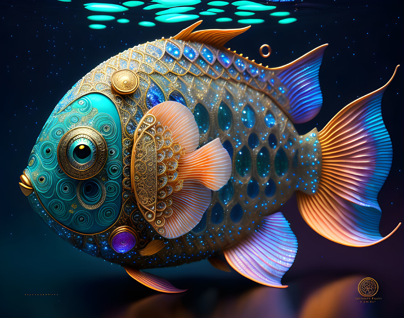 Colorful digital artwork of stylized fish with intricate patterns and gold accents on a dark, bubble-spe
