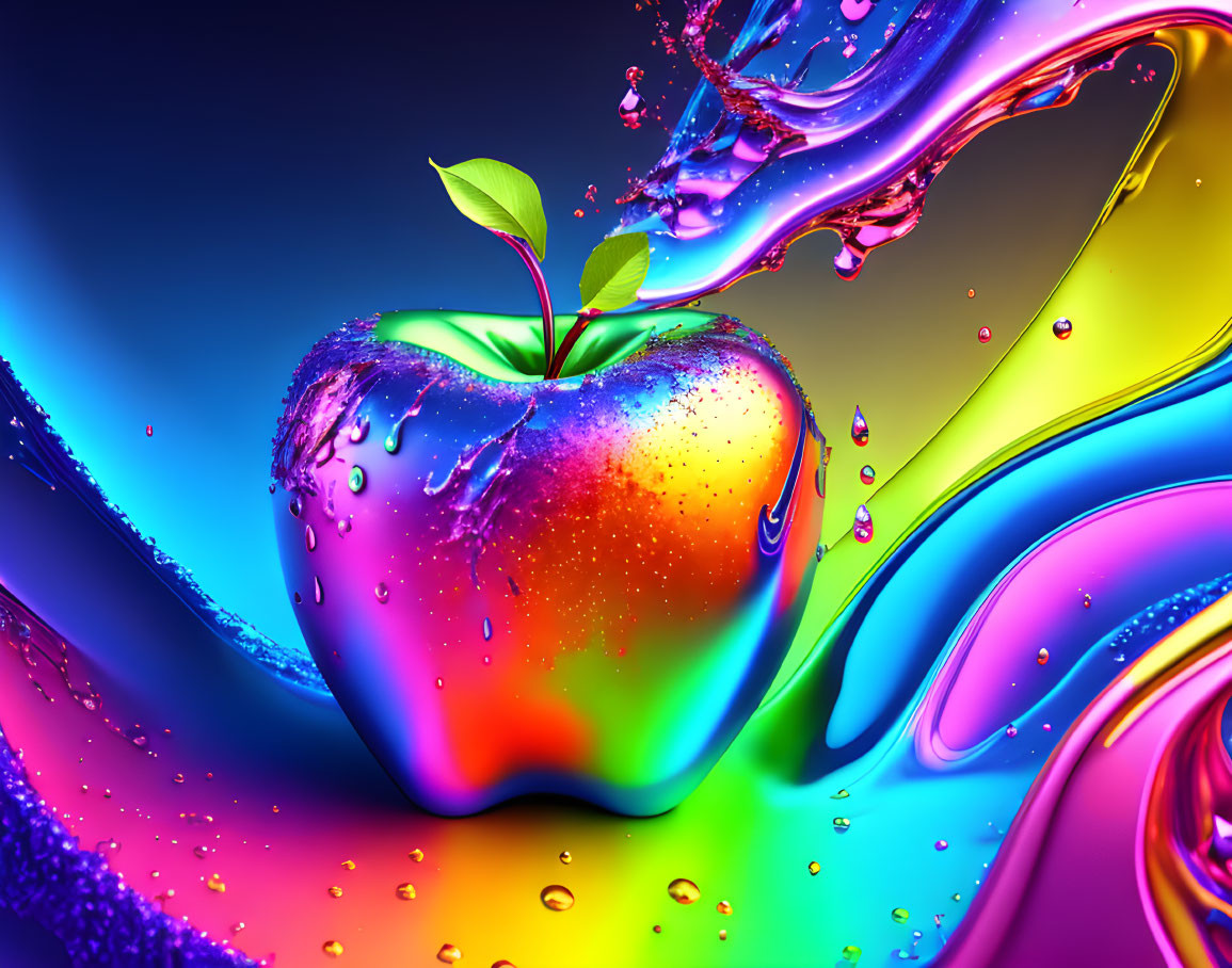 Colorful digitally enhanced apple with leafy sprout on swirling background.