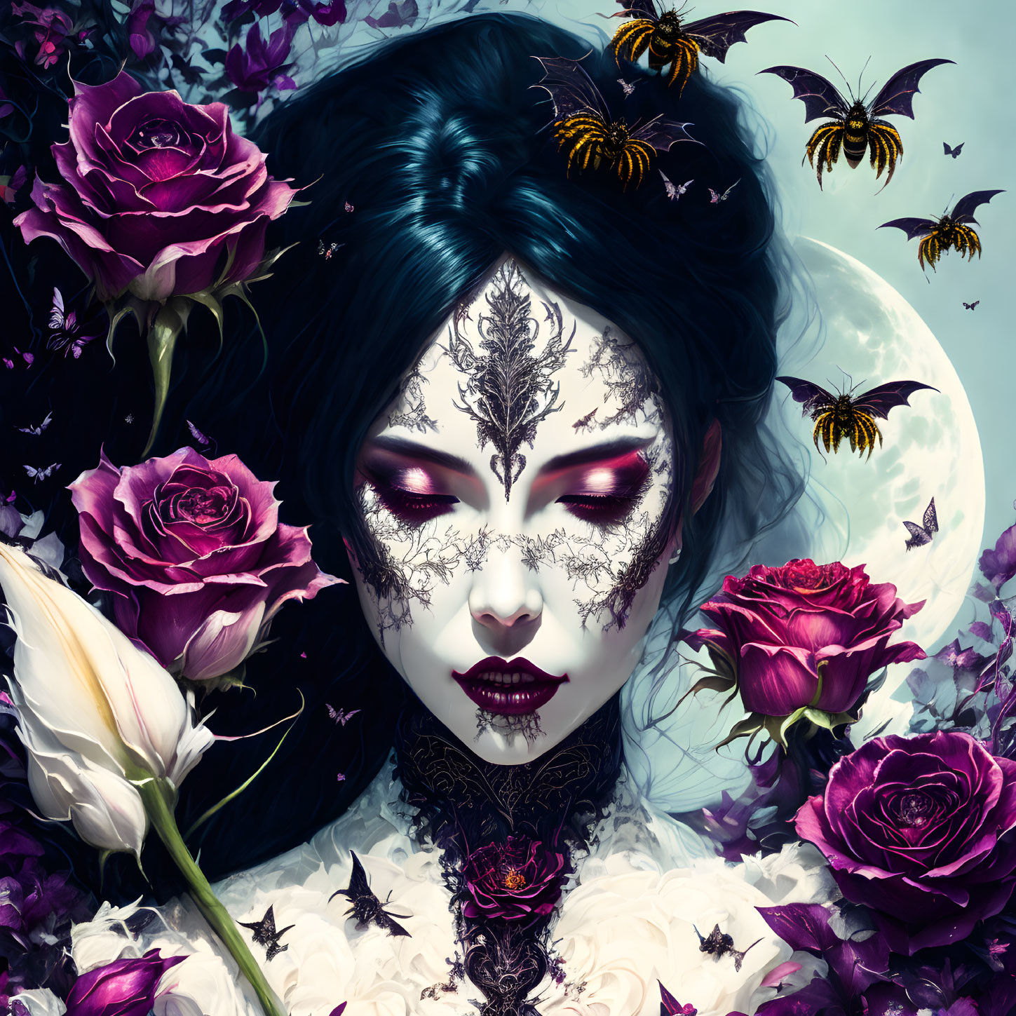 Woman with dark hair and stylized makeup among purple roses and bumblebees in moonlit scene