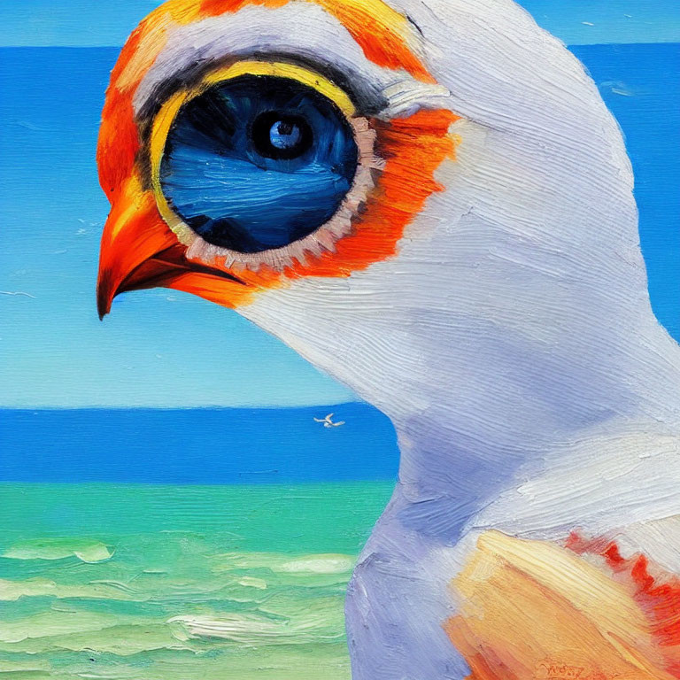 Colorful bird's eye close-up in beach seascape with bold textures