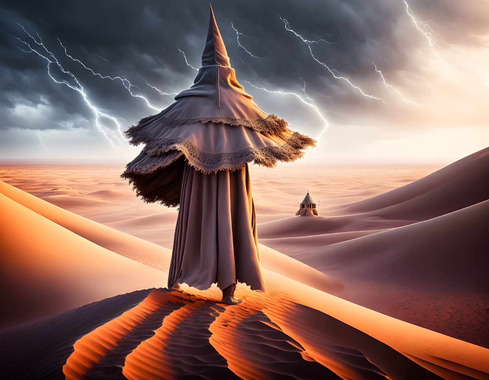 Surreal desert landscape with giant wizard hat structure and lightning.