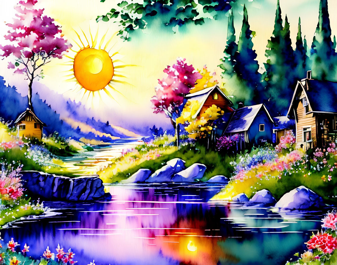 Sunlit Landscape Painting with River, Trees, Houses, and Sunset