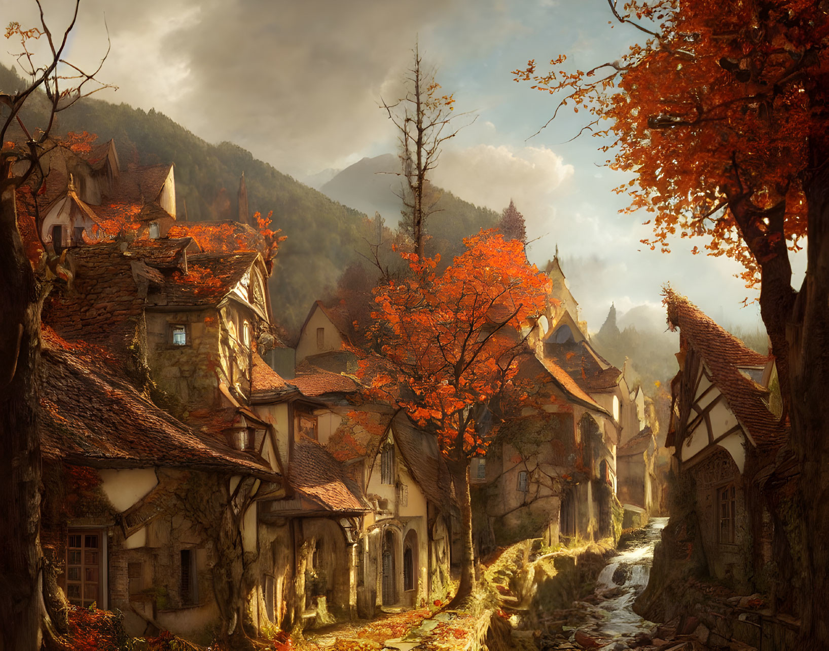 Serene forested mountain landscape with quaint medieval village in autumn colors