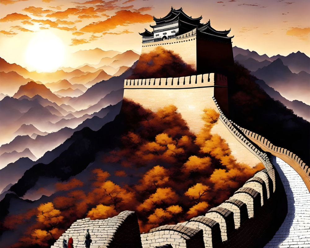 Scenic Great Wall of China sunset with autumn mountains and two people walking