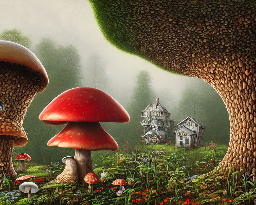 Enchanting forest scene with giant mushrooms and rustic wooden house