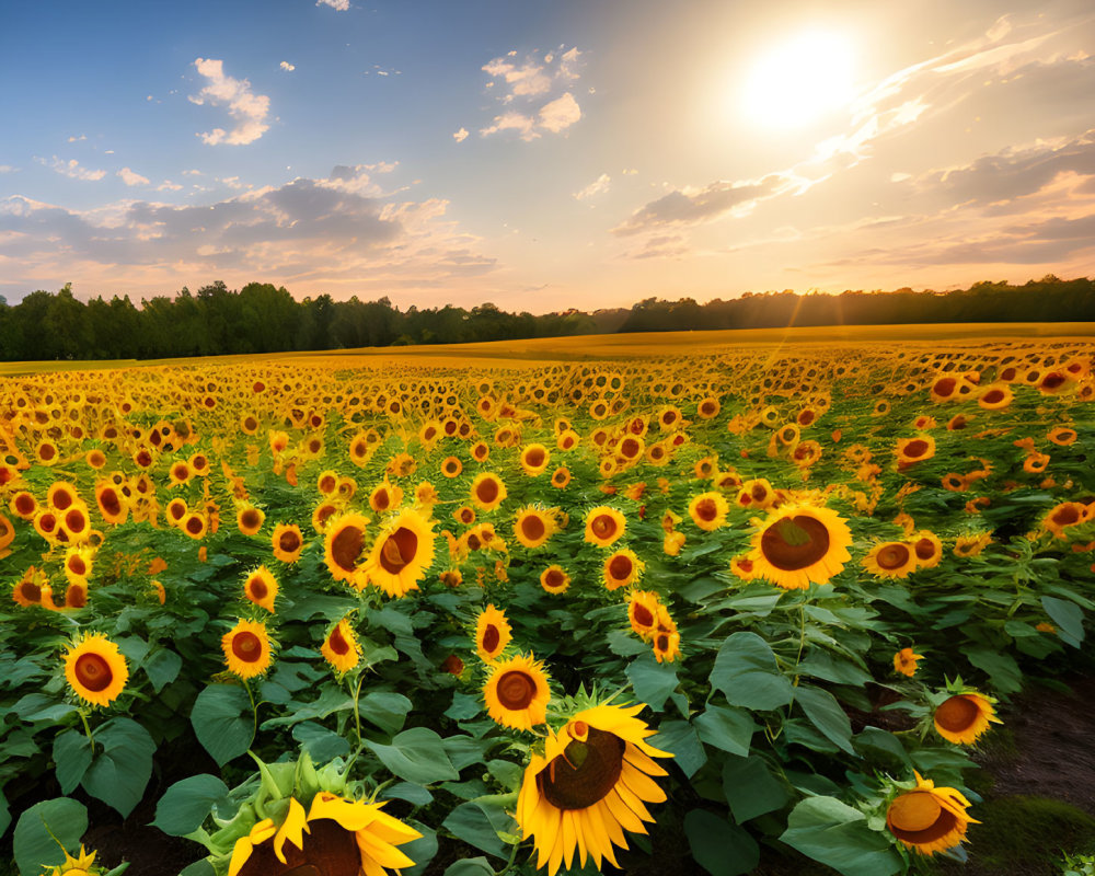 Sunflower field at sunset with sunbeams piercing clouds
