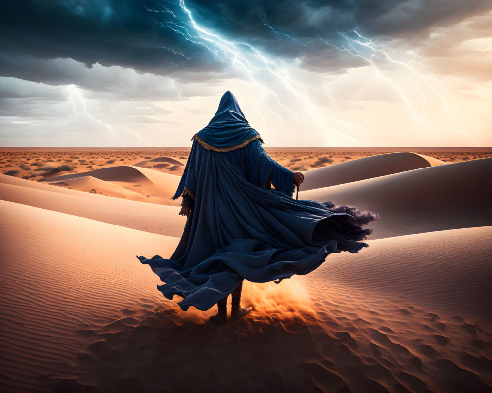 Cloaked figure on desert dune faces dramatic lightning storm