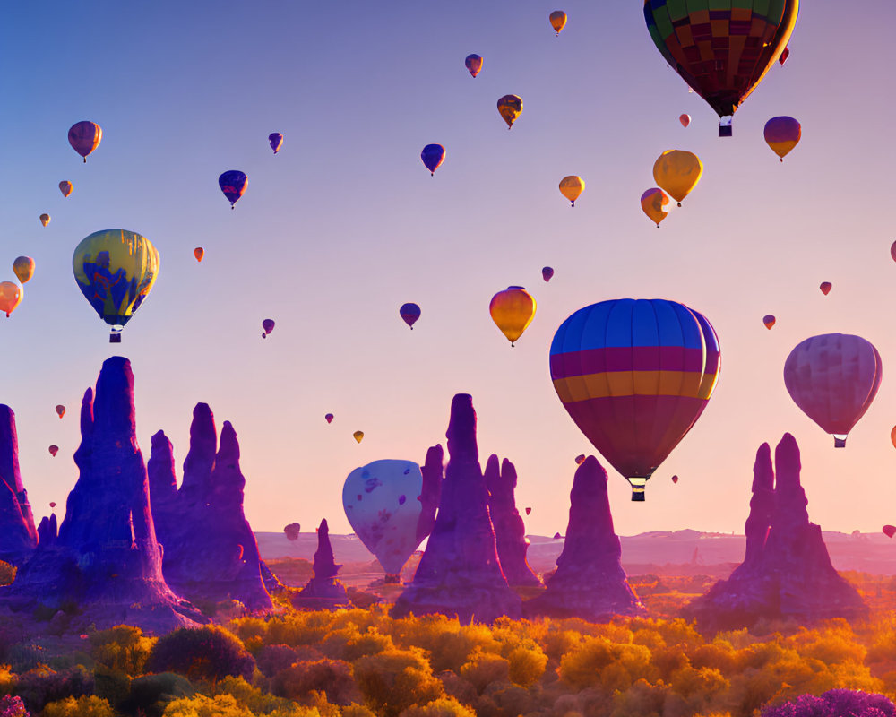 Colorful Hot Air Balloons Ascend over Unique Rock Formations