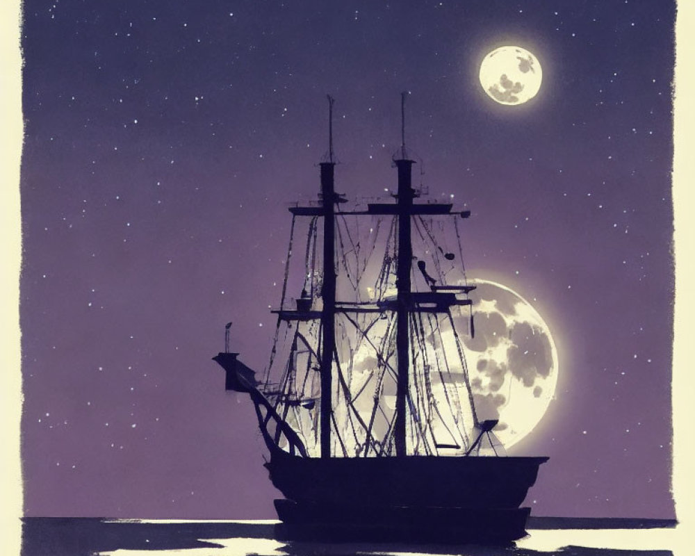 Vintage sailing ship under full moon on calm sea