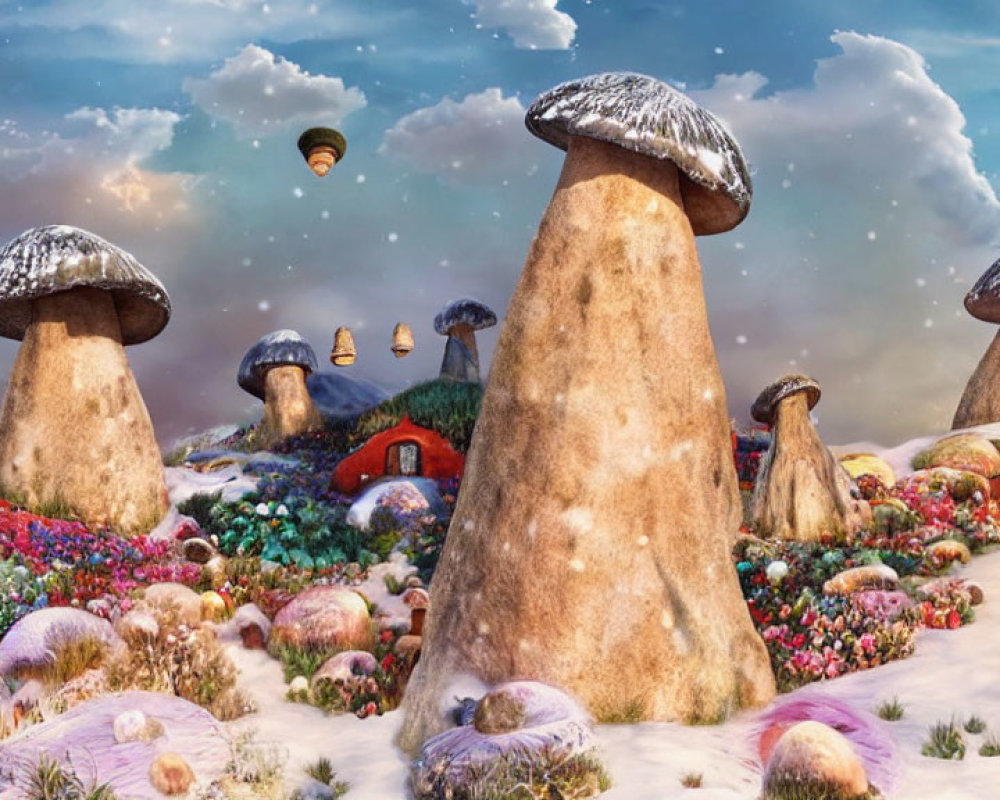 Whimsical oversized mushroom structures in snowy landscape with hot air balloons