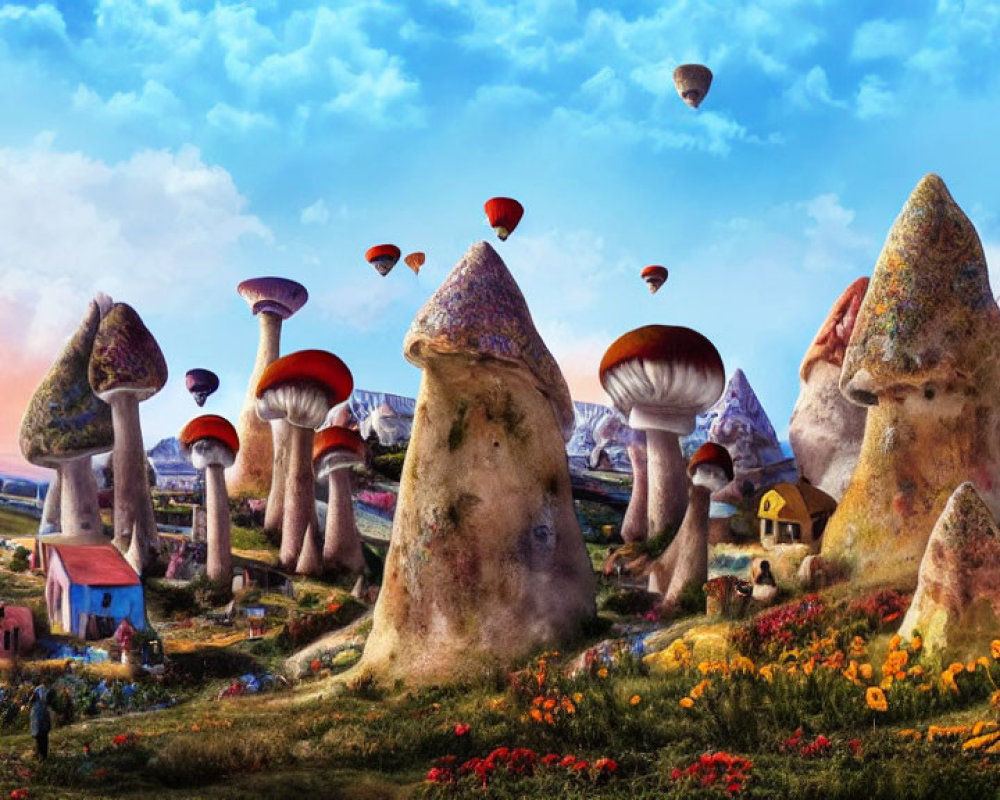 Colorful Mushroom Houses and Hot Air Balloons in Vibrant Landscape