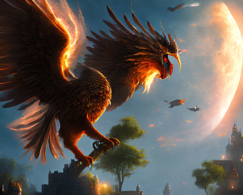 Majestic phoenix flying near castle under crescent moon