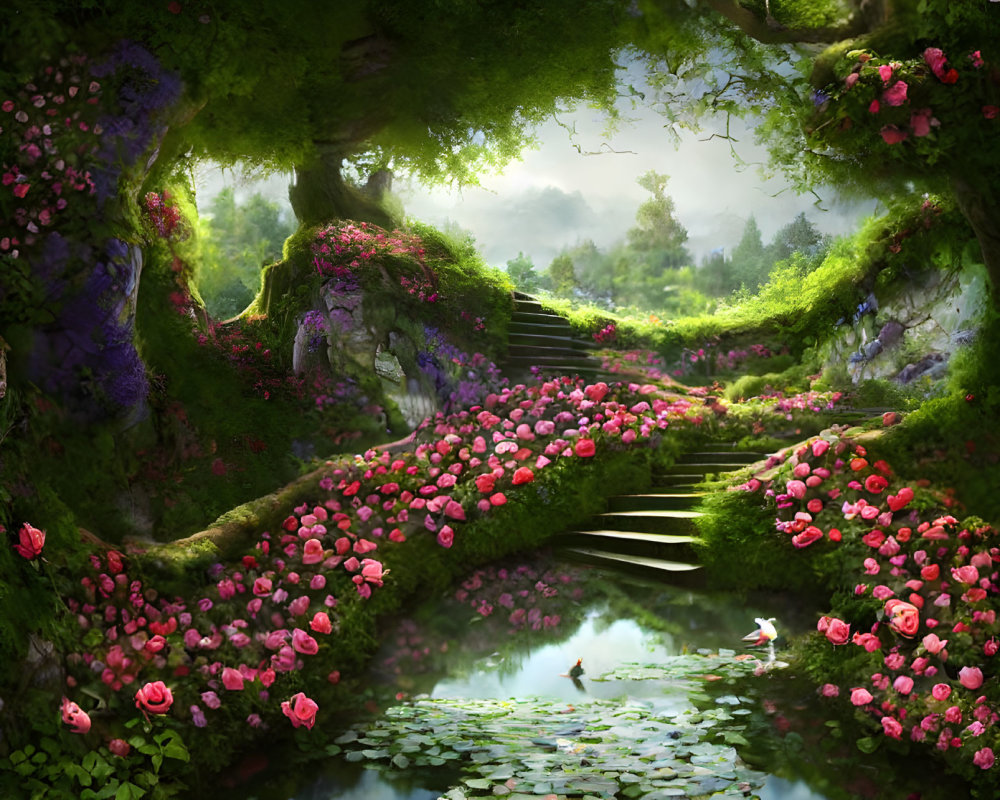 Lush Greenery, Pink Flowers, Pond, Stone Stairway in Mystical Forest