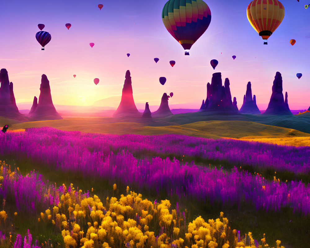 Vibrant hot air balloons over colorful flower field at sunrise/sunset