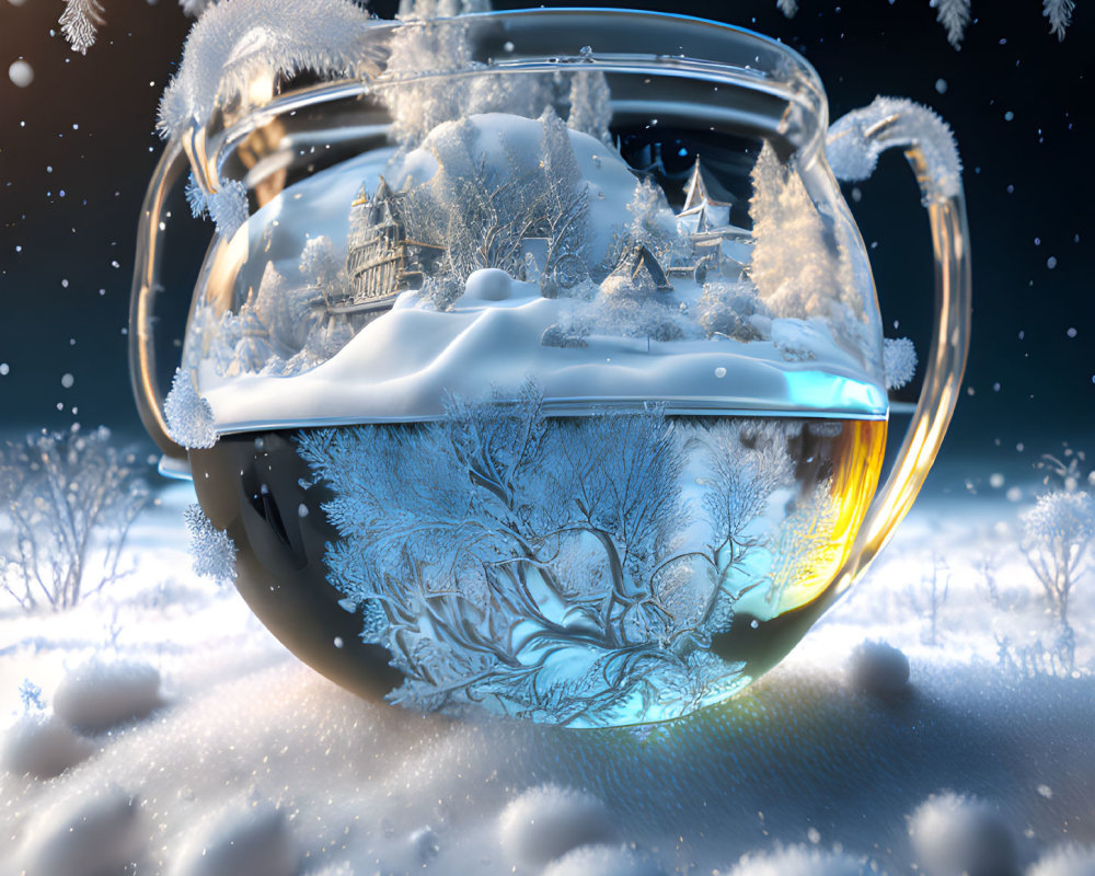 Snowy Winter Scene in Transparent Teapot with Cozy Cottage