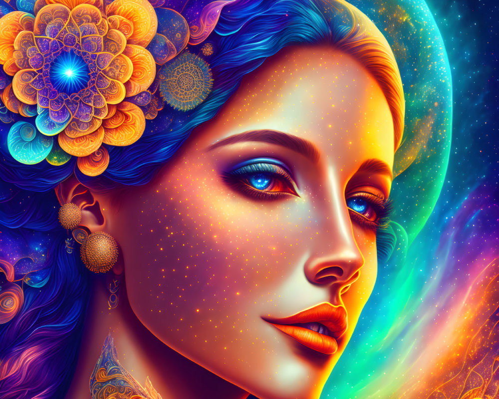 Colorful digital portrait of a woman with cosmic and floral motifs